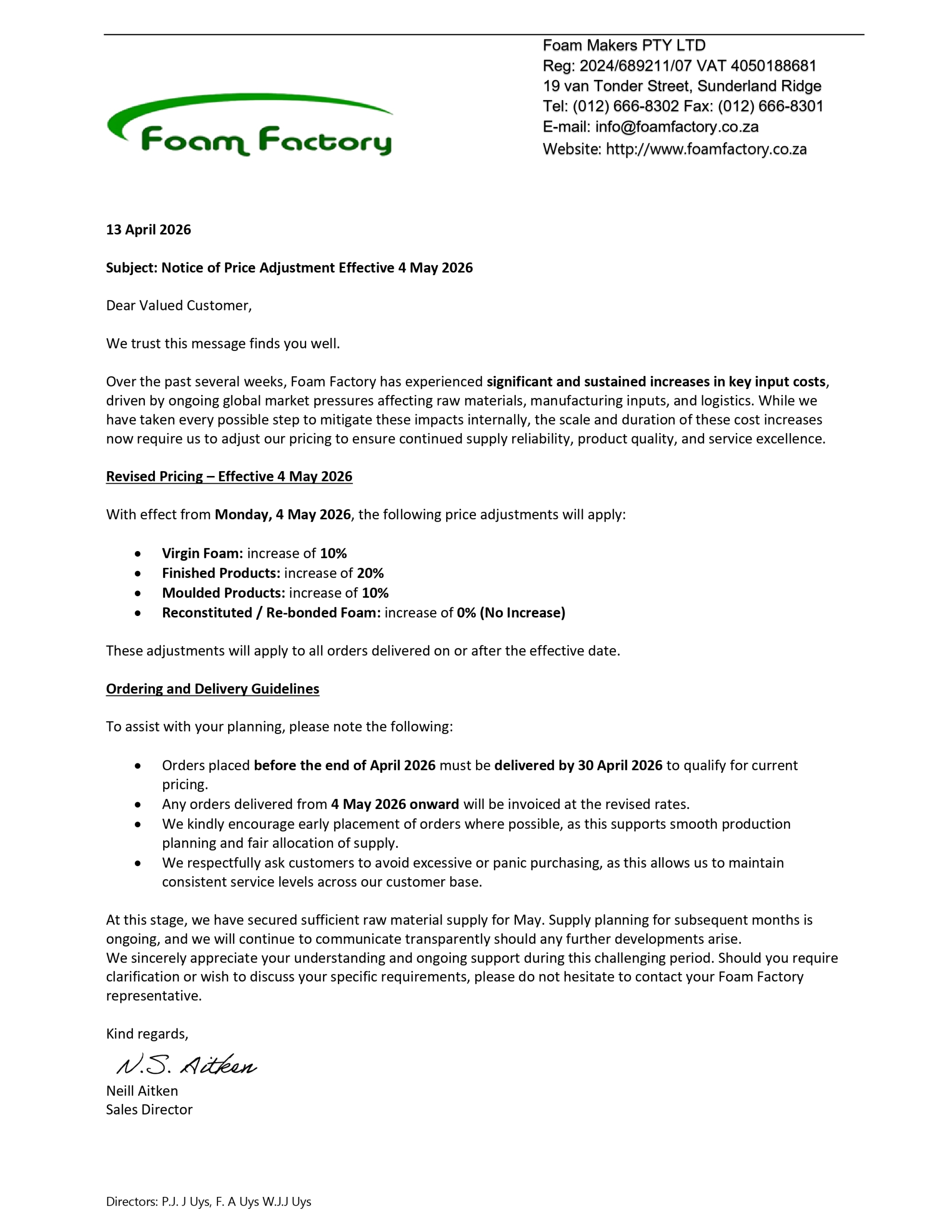 Foam Factory Price Increase Letter